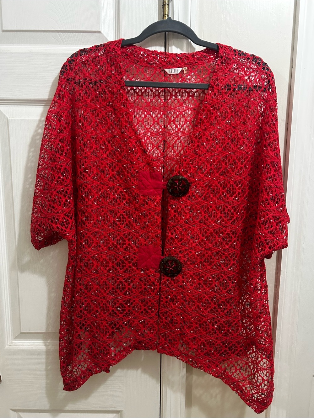 Kactus Red Crochet Open Weave Cardigan with Decorative Buttons Plus Size 1X